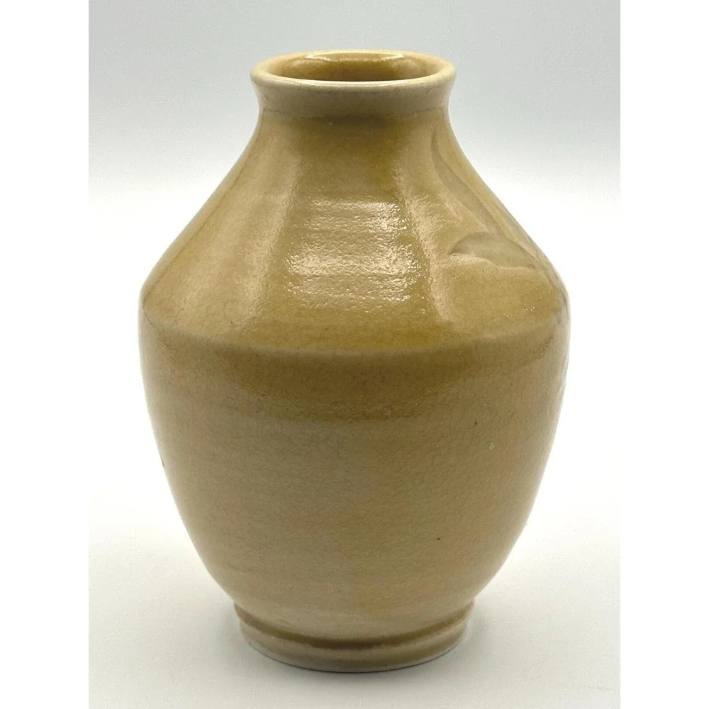Vintage Yellow Stoneware Bud Vase Embossed Floral Motif Artist Signed Pottery